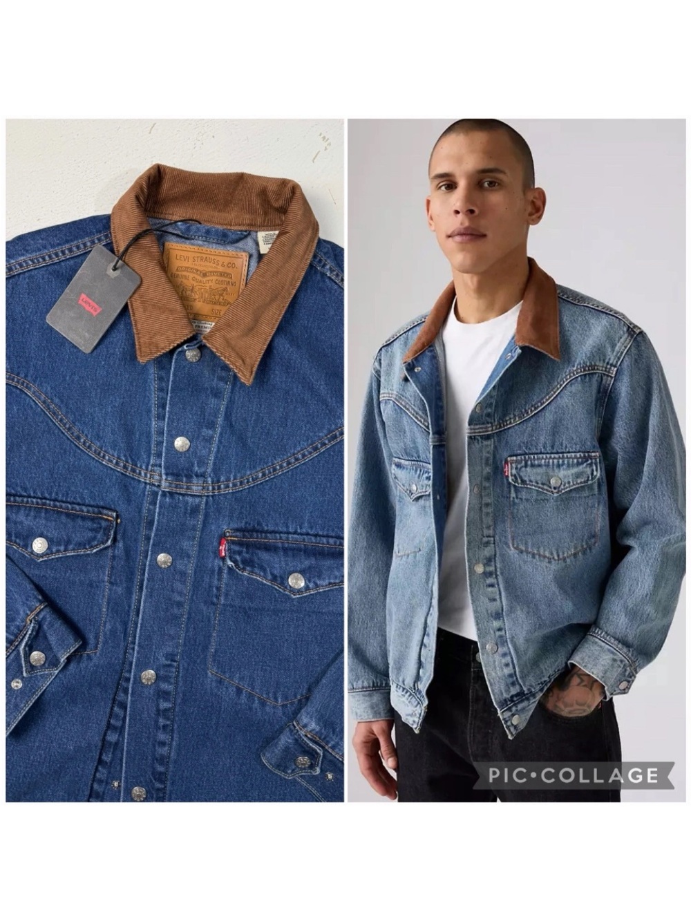 Levi’s Men’s Small Premium Western Shorthorn Blue Denim Trucker Jacket Corduroy
